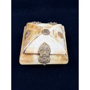 Vintage Camel Bone and Brass Trinket Box Purple Felt Lining India 3”x2” RARE